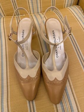 Vintage Charles Jourdan Tan and Beige Leather T-Strap Slingback Pumps